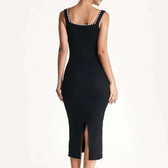 Black Midi Dress with White Faux Pearl Accents - Picture 3 of 5